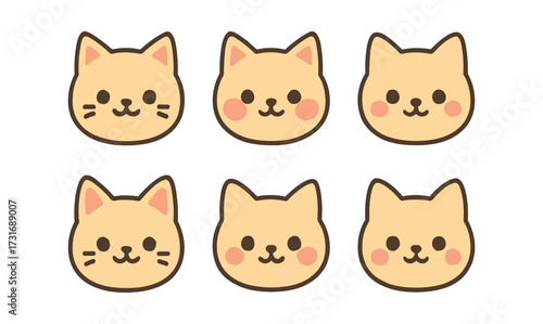 Cute kawaii cat faces with whiskers and rounded cheeks in simple cartoon style