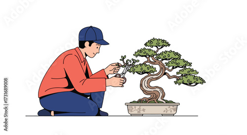 Illustration of a Gardener Shaping a Bonsai Tree: A Detailed View of Pruning and Horticultural Care Depicted in a Modern Style