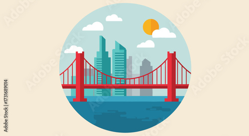Flat design vector illustration of the Golden Gate Bridge with the San Francisco city skyline.