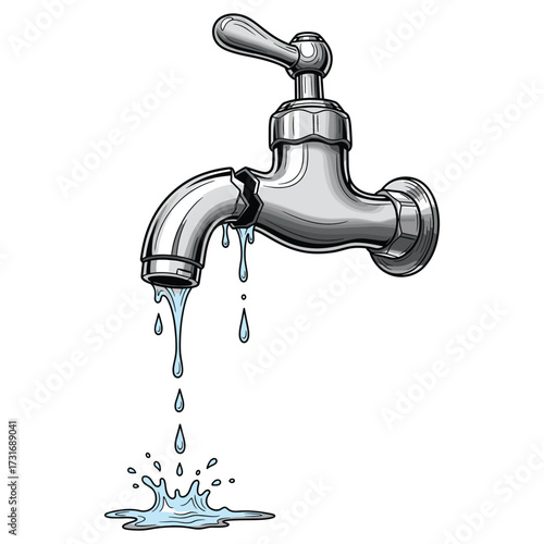 Vector Illustration of Leaking Faucet in Realistic Style with Water Droplets and Puddle