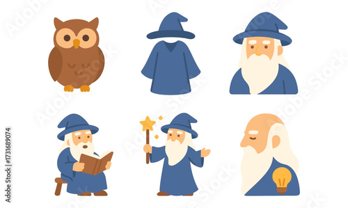 Whimsical wizard and owl set with cute cartoon characters in blue robes