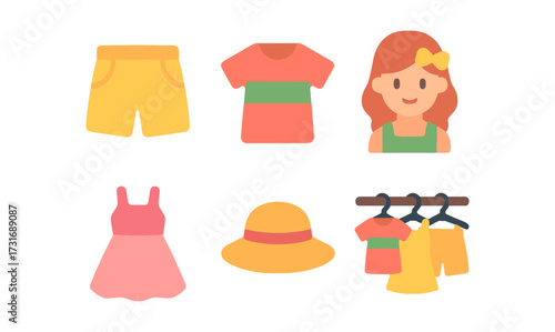 Children's summer fashion icons with outfits and accessories in flat style