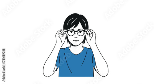 Young adult adjusting eyeglasses, a crisp graphic illustration against a pristine white background with stark black outlines and a touch of blue on