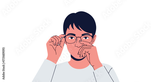 Person adjusting eyeglasses, portrait with focused gaze, vector design isolated on white background, hand touching frame, clarity enhancement,