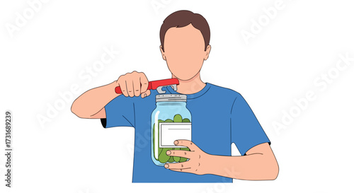 Illustration of a man opening a jar with a can opener showing the process and demonstrating how to easily open preserved food items