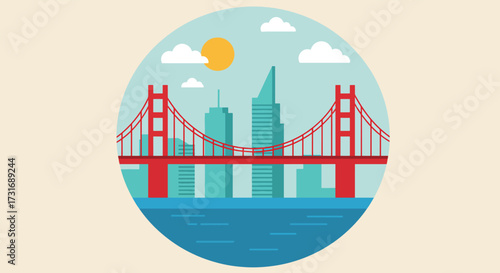 Iconic Golden Gate Bridge and San Francisco Skyline Illustration.