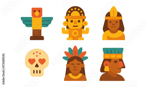 Colorful ancient civilizations icons depicting mayan and inca symbols in flat design style