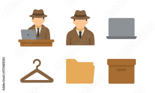 Office detective theme with man in hat and laptop: retro icon set