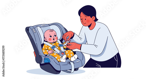 A heartwarming illustration depicting a caregiver meticulously securing a baby into their car seat prior a journey, emphasizing child safety and