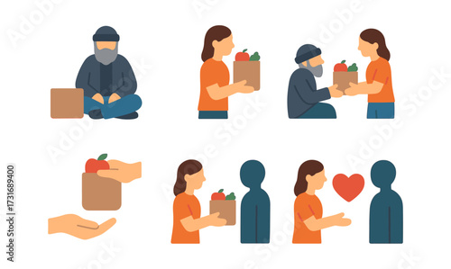 Compassionate giving: helping the homeless with food donations in flat style