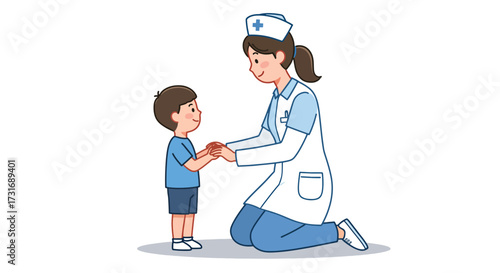 Nurse comforting a young boy providing care and support in a medical setting.