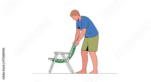 Illustration of a man setting up a folding chair on a light background, showcasing summer relaxation preparation and leisure activity for stock