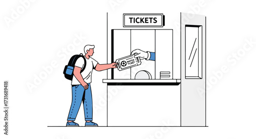 Illustration showcasing a traveler purchasing match tickets from a ticket booth for an event destination adventure trip ready to explore