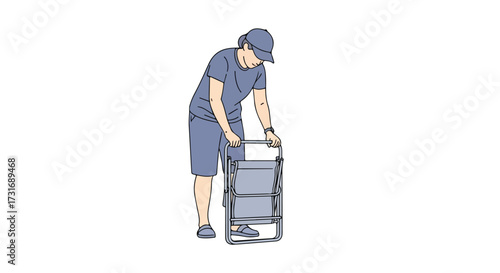 Illustrated Woman Folding a Camping Chair for Easy Storage and Portability Depicting Active Lifestyle and Outdoor Recreation Preparedness
