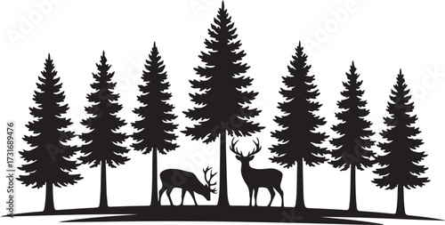 Forest Silhouette: A picturesque silhouette of a tranquil forest with towering trees, creating a sense of peace and serenity. Also, deer silhouettes underneath the trees