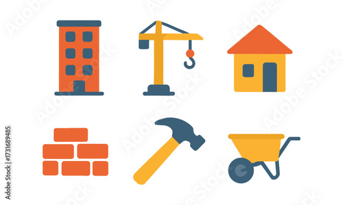 Construction icons set featuring crane, building, and tools in flat style