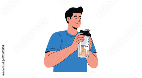 Man enthusiastically prepares his protein shake, promoting fitness and a healthy lifestyle routine for a successful workout session providing