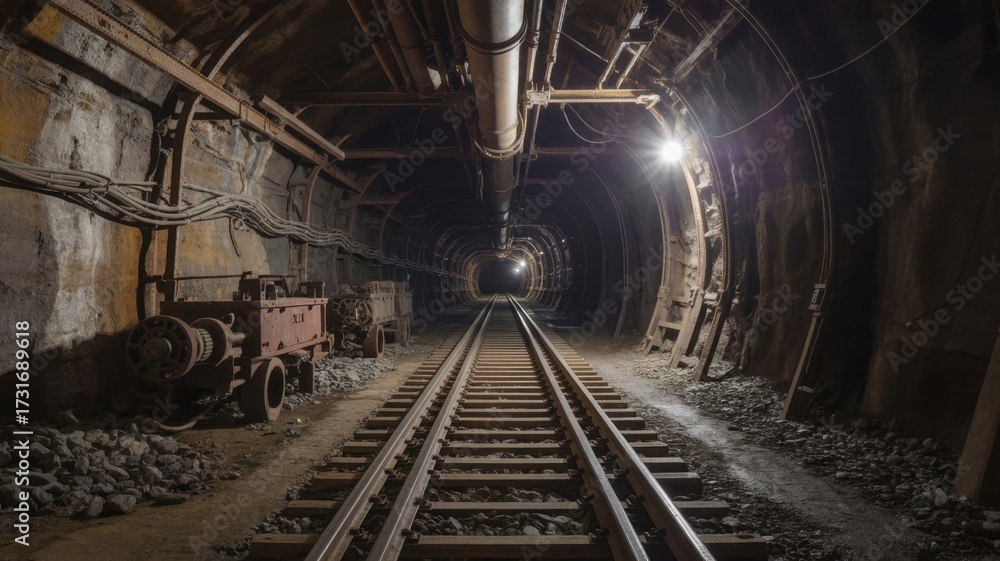 Naklejka premium An eerie view of an abandoned mine shaft with rail tracks leading into the darkness, evoking a sense of history, mystery, and industrial decay