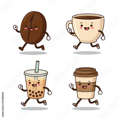 Running Coffee Characters Bean Cup Bubble Tea and Takeout Cup.