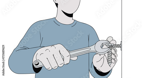 Minimalist illustration of person tightening a screw with a wrench suggesting maintenance repair or construction tasks showcasing handwork