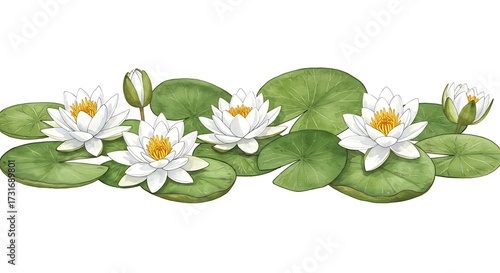 Watercolor illustration of white water lilies and green lily pads on white background