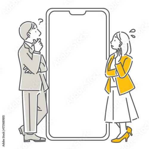 スマホの画面を見ながら考えるビジネスパーソン　シンプルでお洒落な線画イラスト
