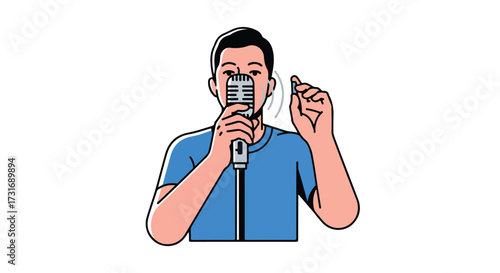 A charismatic vocalist performing with retro microphone capturing the energy of live performance broadcasting his message to the world conveying