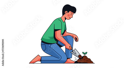 Illustrated gardener planting seedling, symbolizing growth, sustainability, and connection with nature, showcasing simplicity and charm in nurturing