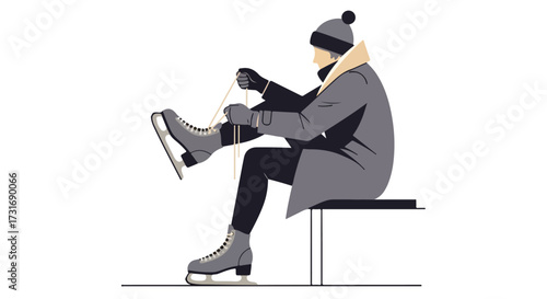 Stylized winter scene depicting an individual preparing for ice skating activity with careful lace tying on a bench ready to glide and spin
