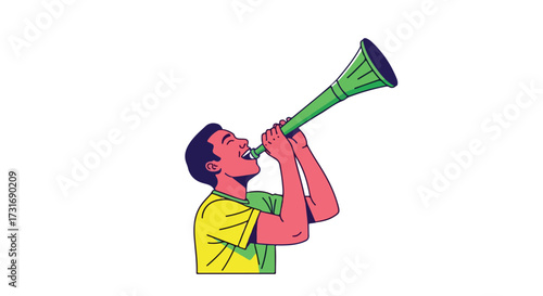 Enthusiastic illustration of a man blowing a green vuvuzela horn with energy and passion for celebration and festive occasions