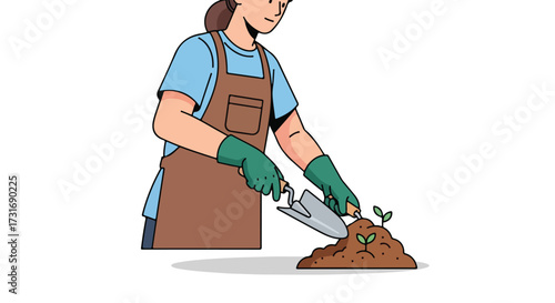 Illustration of a woman gardening and taking care of new plant life, representing sustainable practices and environmental awareness in an