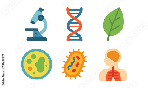 Colorful science icons featuring microscope, dna, cell, and human anatomy