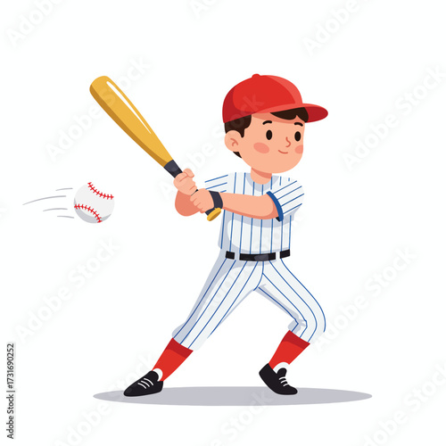 Young cartoon boy in a pinstriped uniform swinging a baseball bat to hit the ball.