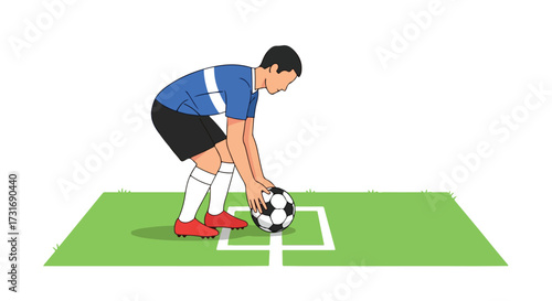 Illustrative depiction of a soccer player positioning the ball for a corner kick on a green pitch marking the field of play preparation for sports