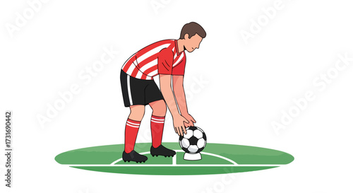 Stylized soccer player preparing for a penalty kick on a simplistic green field, illustration portraying focus and anticipation of an athletic play