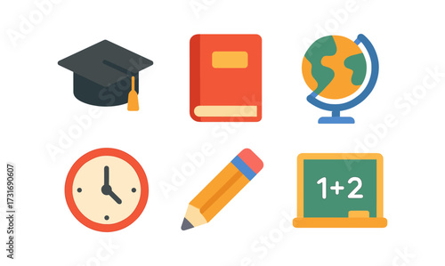 Colorful education icons set featuring graduation cap, book, globe, and more