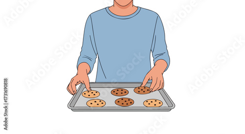 Culinary creation illustration featuring freshly baked cookies placed on a silver baking sheet ready to be served with love