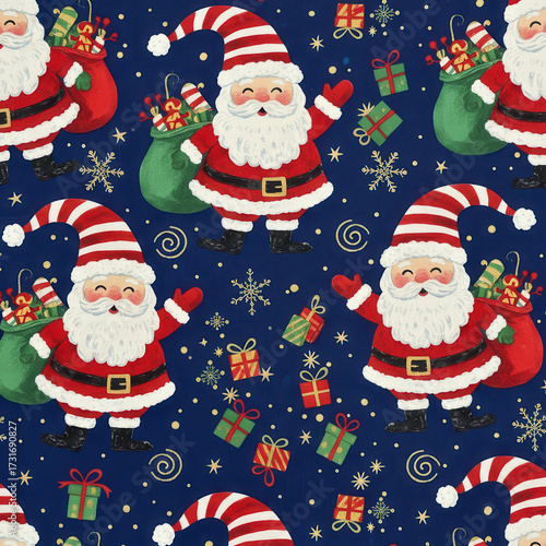 Festive Santa Pattern: Cheerful Cartoon Santa Claus with Gifts on Blue Background. Christmas or New Year concept
