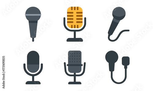 Collection of microphone icons in modern flat style for audio and podcast themes