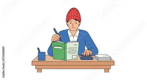 Illustration of a focused individual calculating and writing in a notebook on a clean white background