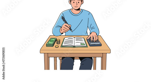 Man meticulously managing finances with pen, notebook, calculator, money on wooden desk in study setting careful planning and recording expense
