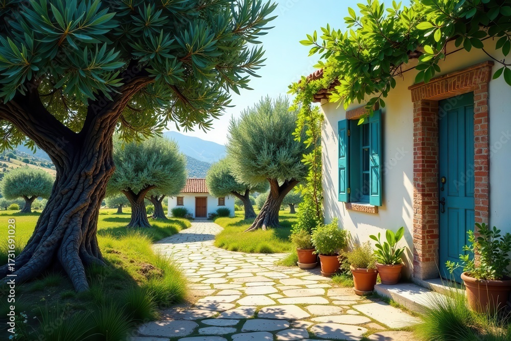 Obraz premium Serene Pathway to a Mediterranean-Style Cottage Nestled Among Lush Olive Trees and Vibrant Greenery Under a Sunny Sky