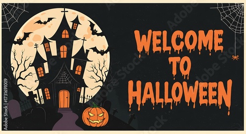 Spooky halloween night scene with haunted house and pumpkin illustration