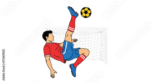 Dynamic soccer player executing a bicycle kick near the net, showcasing athletic skill and game intensity with a vibrant cartoon style