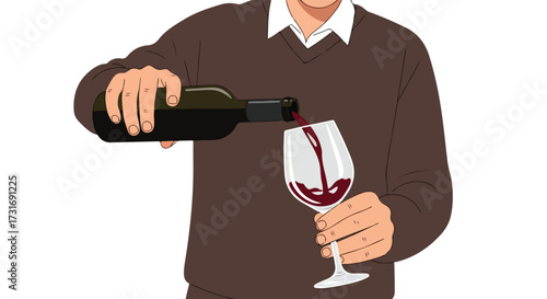Illustration of a man pouring red wine from a bottle into a stemmed glass on a white background creating a sense of relaxed indulgence