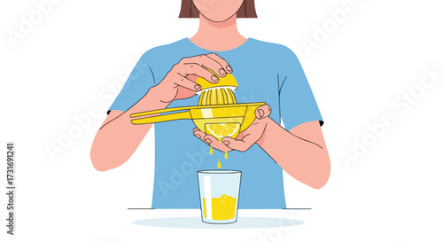 Artistic depiction of a person squeezing a lemon with a yellow squeezer to make lemonade at home for a fresh and healthy drink illustration