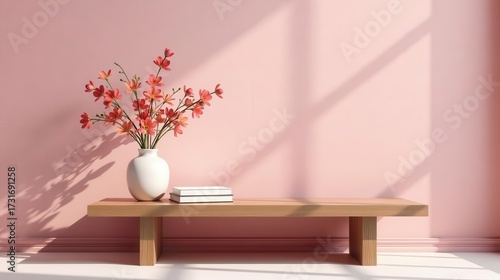 Serene Minimalist Interior Design Featuring a Wooden Bench, a White Vase with Coral Flowers, and Stacked Books Against a Pale Pink Wall