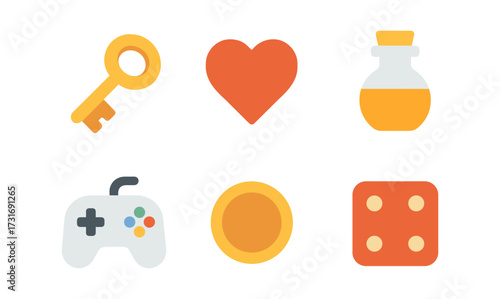 Colorful game icons: heart, key, potion, controller, coin, dice for digital design