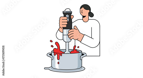Woman utilizing a hand blender in the kitchen to prepare a vibrant red sauce inside a cooking pot with enthusiasm and ease showing kitchen tasks 76
