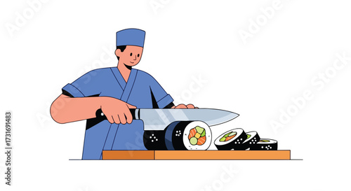 A japanese chef in traditional clothing preparing delicious sushi rolls on a cutting board with a knife, minimalist illustration style